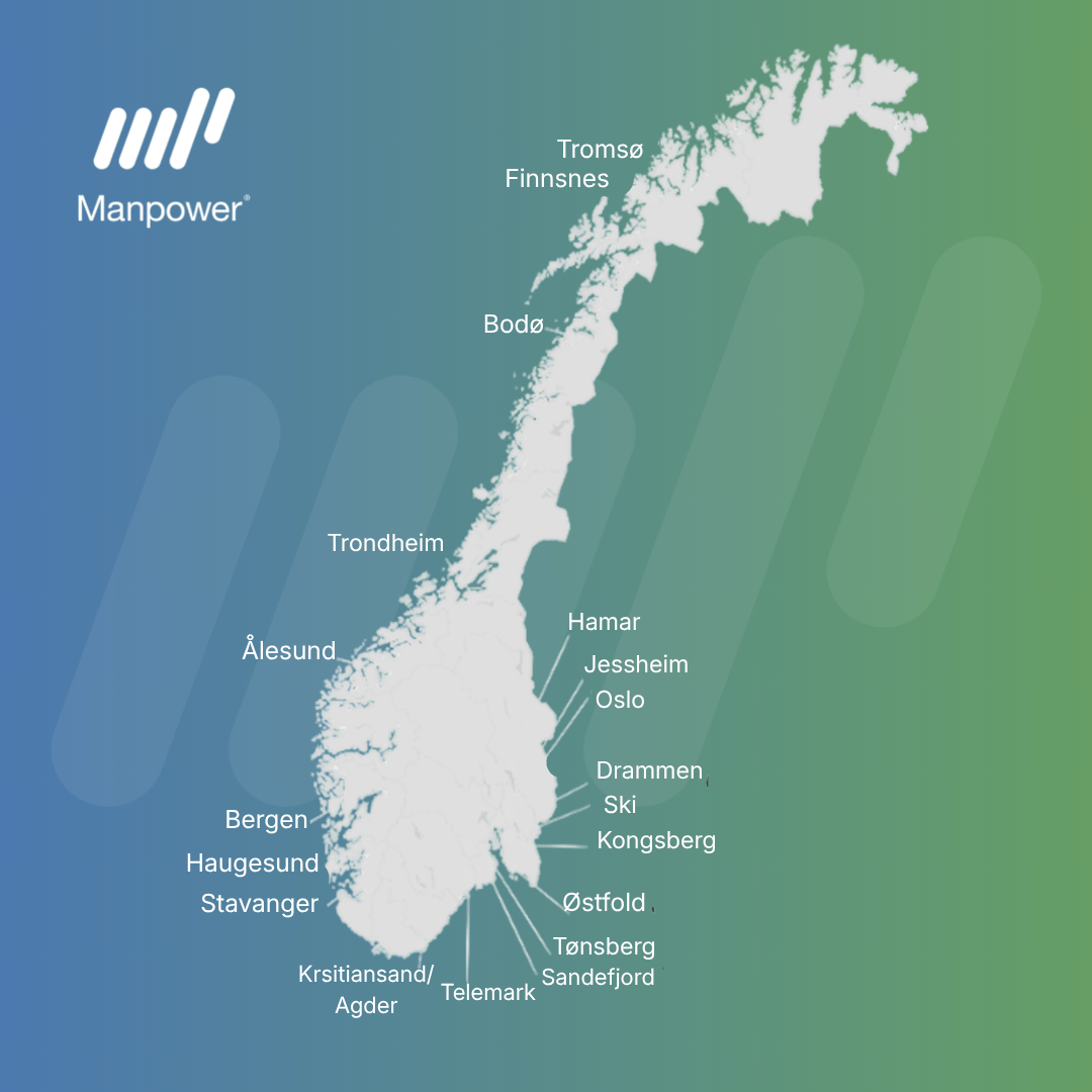 Norgeskart med Manpower lokalkontor